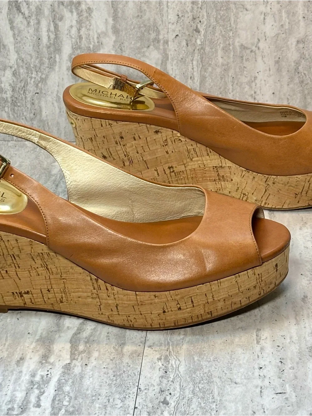 Michael Kors Natalia Brown Leather Cork Wedge Platform Sandals Sz 11M